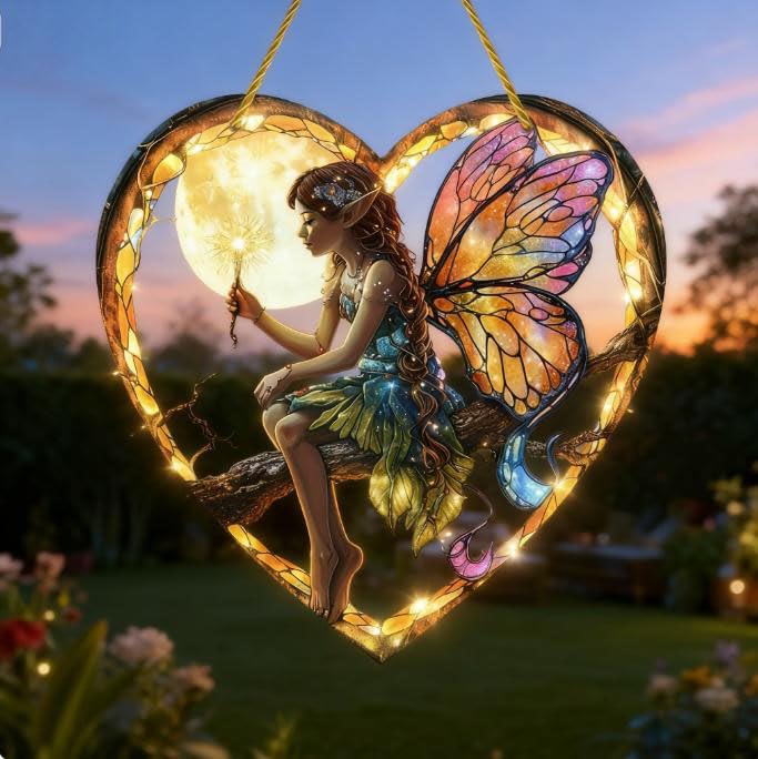 Fairy on Moon Branch Suncatcher Stained Glass Effect Hanging Decor Gift