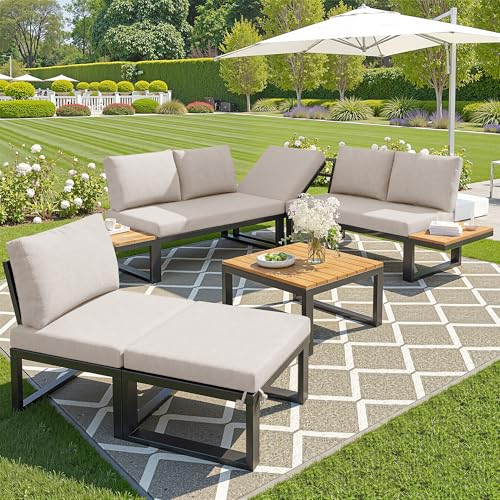 Yihomfy Salon de Jardin 6 Places Modulable, Canapé d’Angle avec Dossiers Inclinables 5 Positions, Table Basse & Poufs, Structure Acier Robuste Antirouille,...