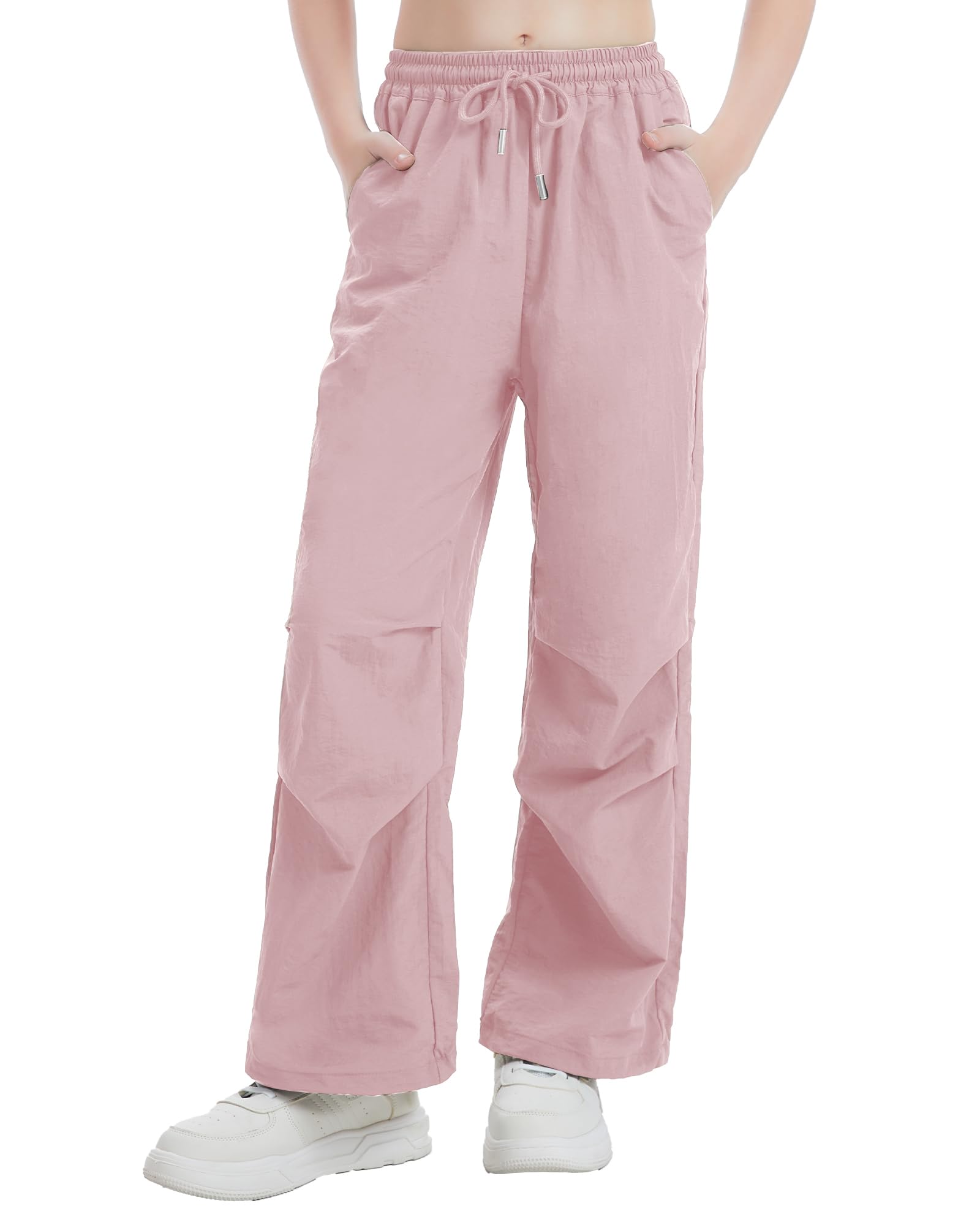 Girls Parachute Cargo Pants Drawstring Waterproof Causal Hiking Pants for Girls Pockets Lightweight Running Joggers