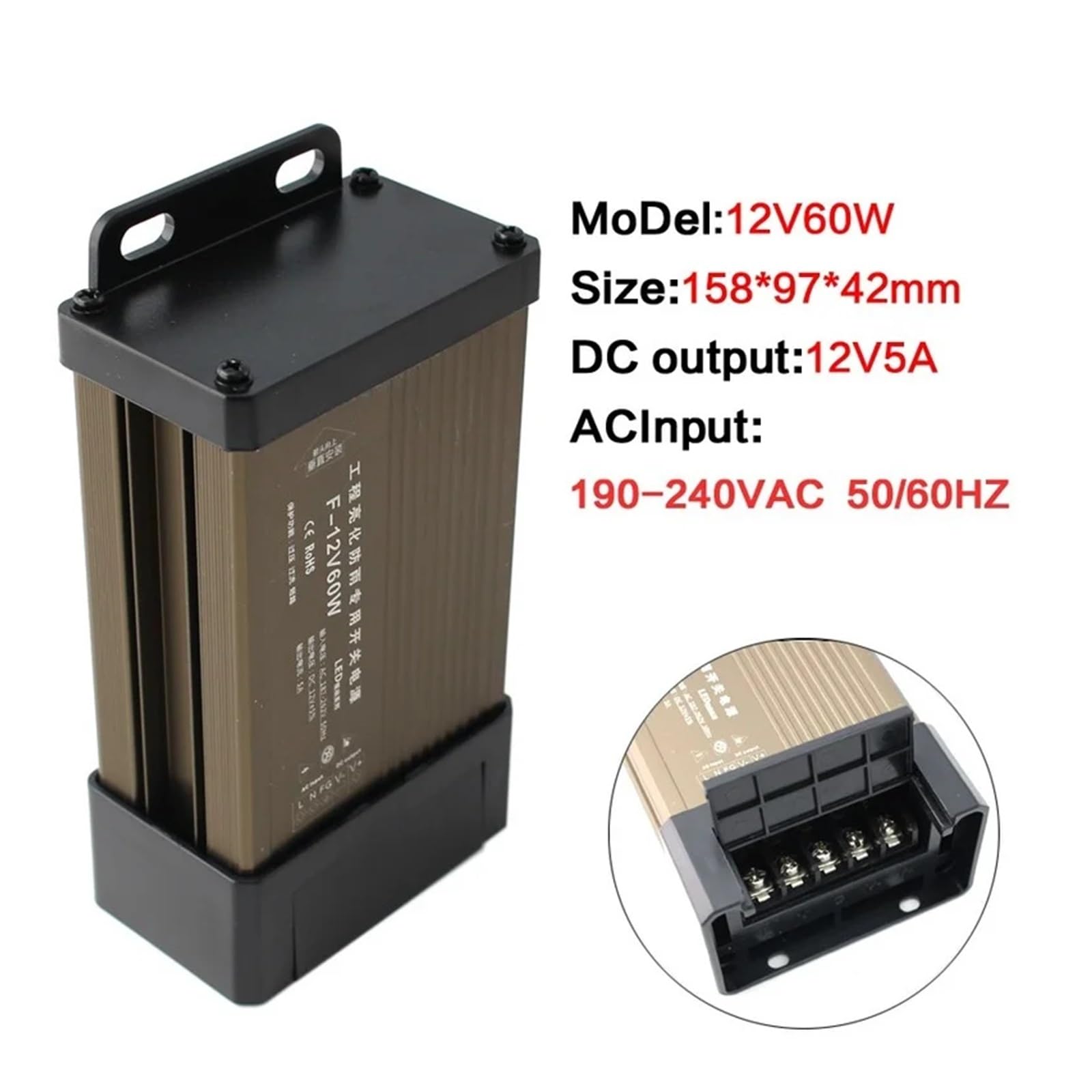 Source d'alimentation Smps 12V 500W, 5V 12V 24V 100W 200W 300W 400W 500W 220V à 5V 12V 24V, Alimentation extérieure étanche à la Pluie(12V 5A 60W)