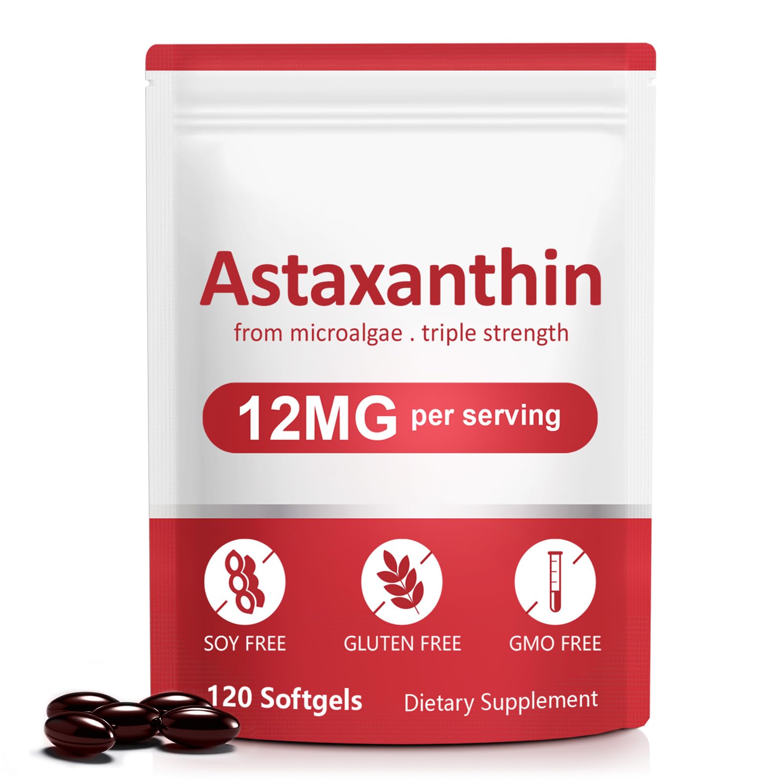 Astaxanthin 12mg (120 Softgels) - Premium Astaxanthin Antioxidant Supplements - Supports Eye, Internal Circulation, Immune & Skin Health - Fresh Microalgae Source - Non-GMO & No Gluten 120 Count (Pack of 1)