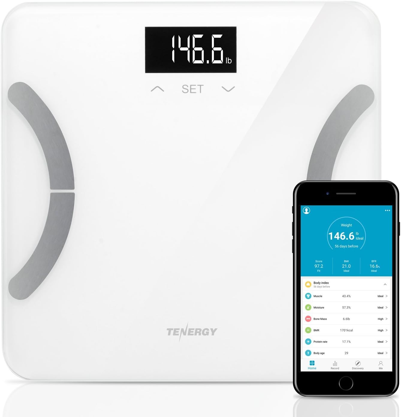 Tenergy Vitalis Body Fat Scale Digital Weight Bluetooth Connected APP Scale, High Precision BMI Scale with Large Easy Read Backlit LCD, Body Scale, Max Weight 400 Pounds, Compatible with iOS/Android