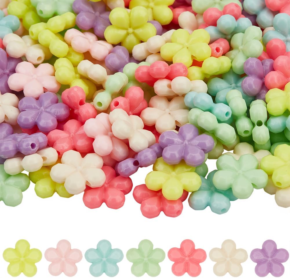 1 Box 150PCS Opaque Faceted Acrylic Flower Beads with Holes Blue Pink Green Purple Assorted Floral Shaped Spacer Loose Bead Charm Bulk for Jewelry Making Necklace Bracelet DIY Craft Supply
