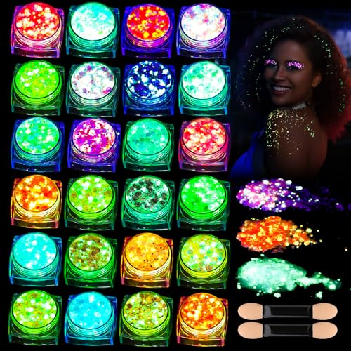 Teenitor 24 Colors Glow in The Dark Body Glitter Face