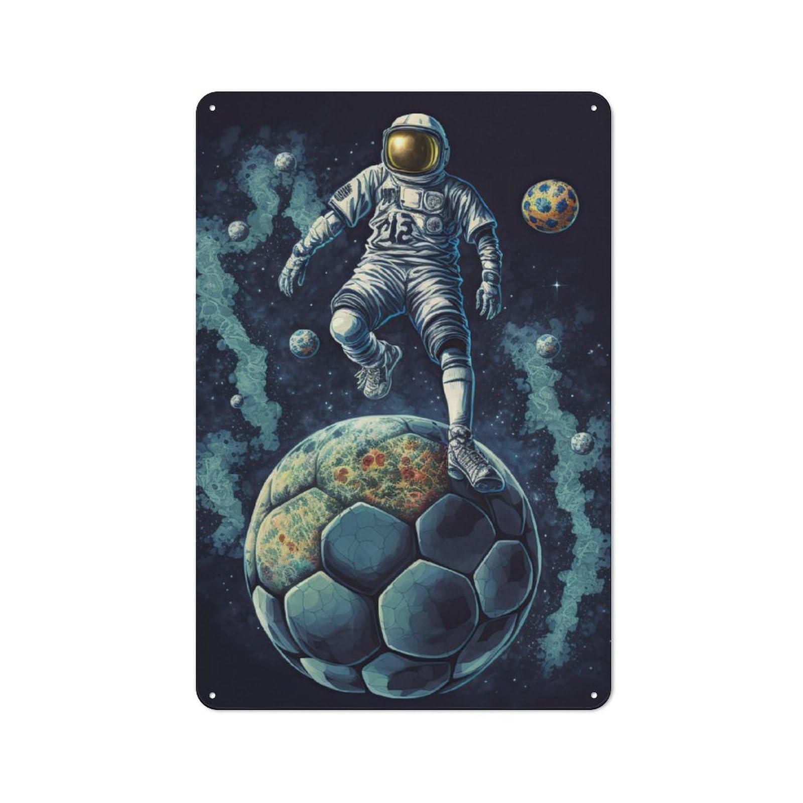 Junmoney Astronaut Playing Football Rustic Tin Sign 30X20cm Featuring For Living Room Wall, For Metal Sign Collectors, For Garage And Workshop Walls