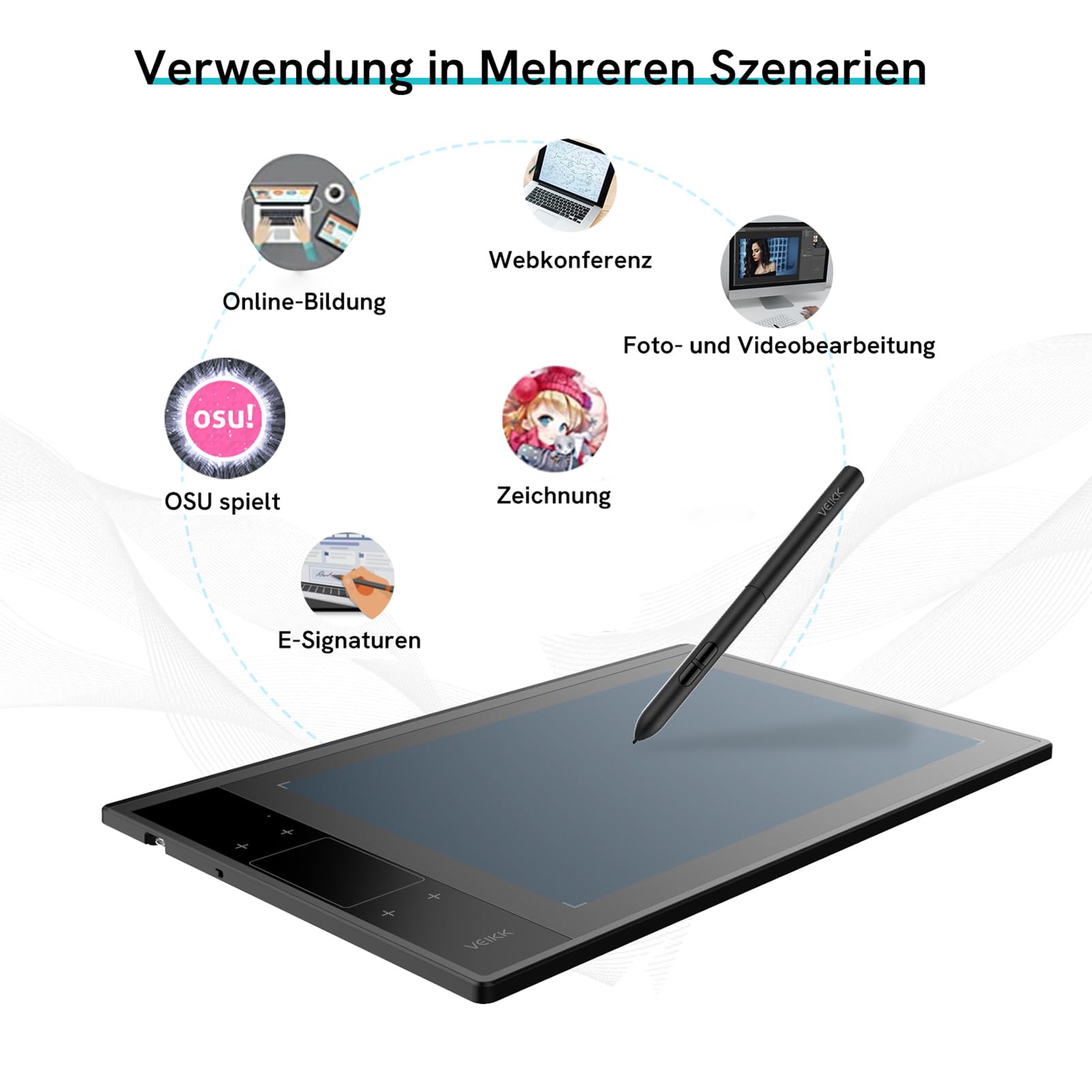 Drawing Tablet VEIKK A30V2,10x6 Zoll Grafiktablett mit 8192 Druckstufen Stift,Zeichentablett mit 4 Sensortasten und einem Gestenpad,Das fur Zeichnung/Design/Online-Bildung/Bearbeitung