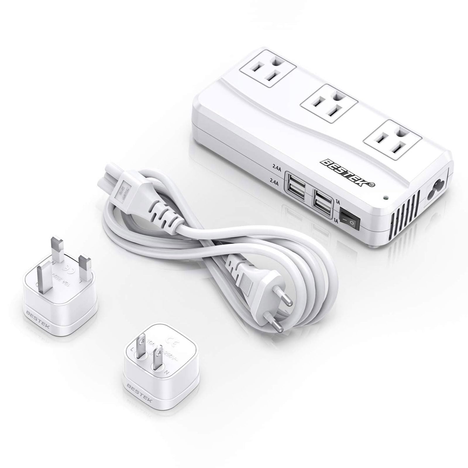 BESTEK Universal Travel Adapter 220V to 110V Voltage Converter with 0-2.4A 4 Port USB Charging and UK/AU/US/EU Worldwide Plug Adapter (White)