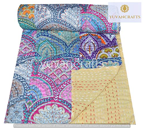 YUVANCRAFTS Patchwork Cotton Kantha Quilt - Indian Traditional Handmade Bedding Vintage Multi Color Quilt Blanket (Queen (90