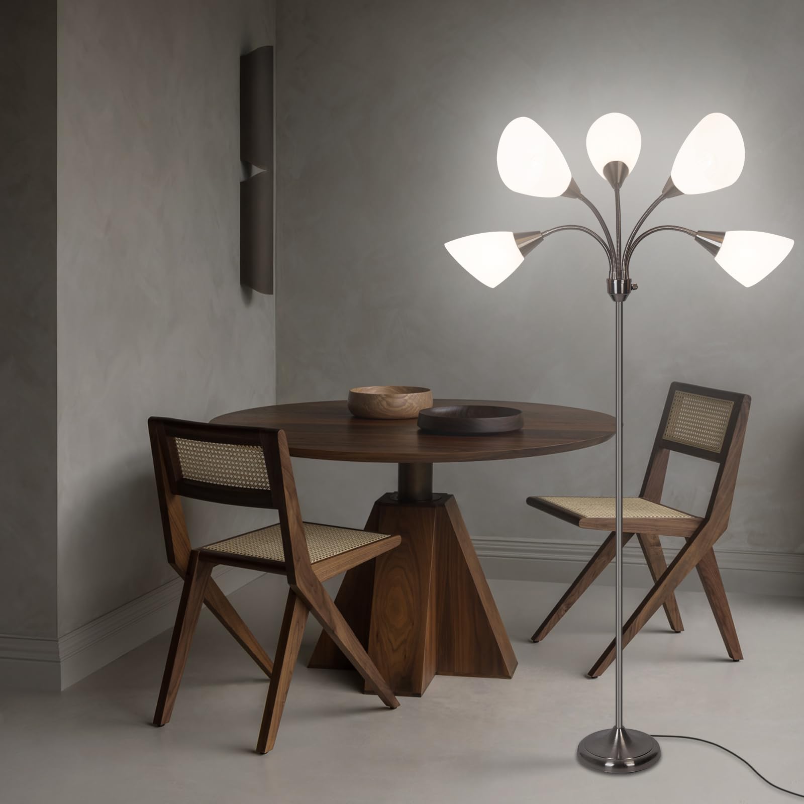 HonoDing Medusa Lampy podłogowe Lampy stojące 5 głowic Regulowane światło do czytania Duży klosz Żarówka E26 A19 Lampy podłogowe do salonu Sypialnia (satyna niklowa)