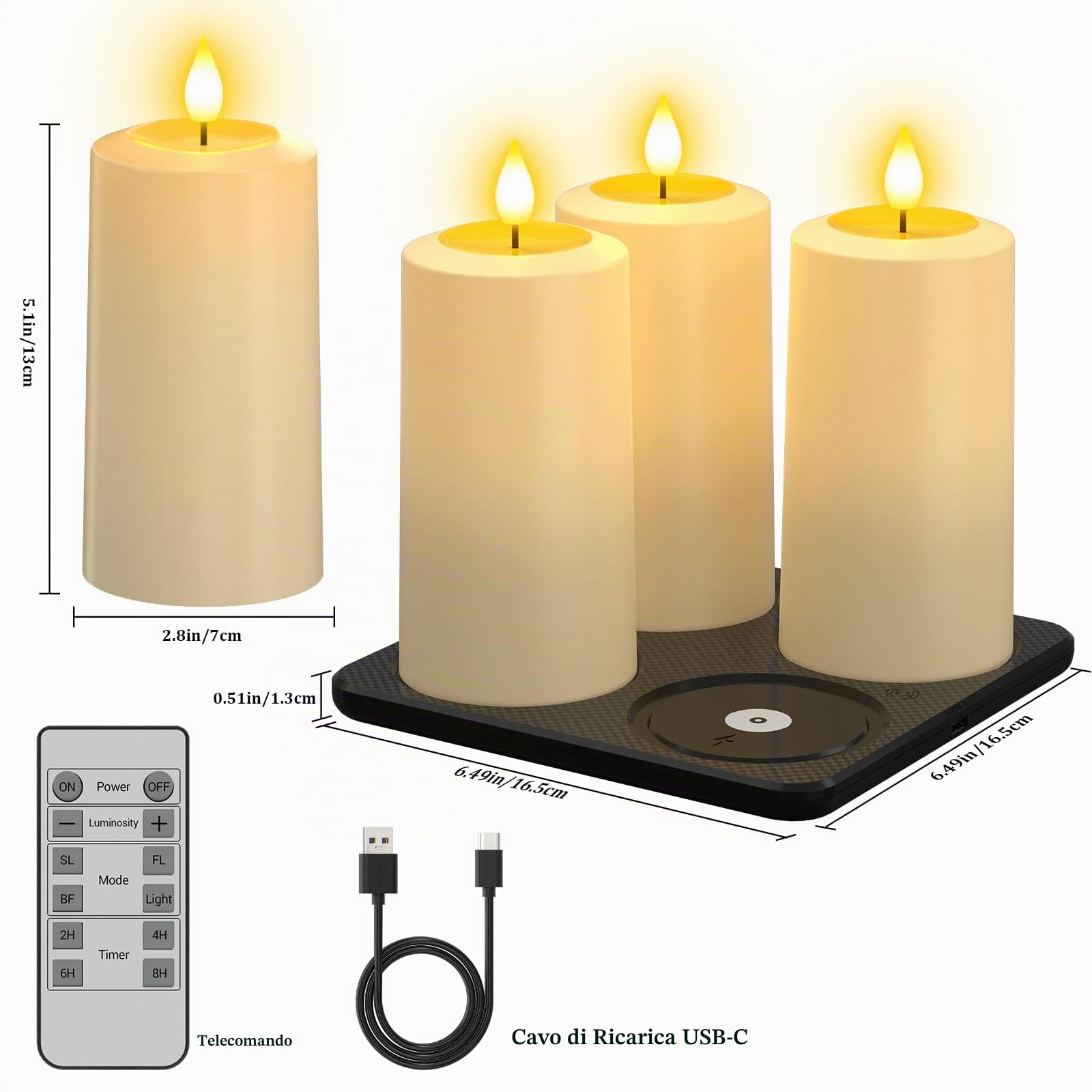 PChero Set di 4 candele a LED ricaricabili con stazione di ricarica, ricaricabili per esterni, impermeabili, con telecomando e funzione timer, per esterni, giardino, Halloween, Natale
