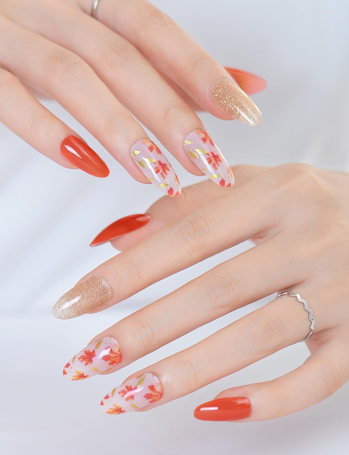 XT Fall Semi Cured Gel Nail Strips Autumn Glitter Gel Nail Stickers Maple Leaf Work with UV Light Salon Quality (Fall Foilage 06)