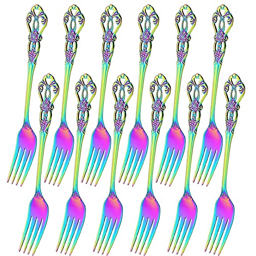 Snplowum 12-Piece Flatware Fork Set, Royal Stainless Steel Silverware Dessert Forks Set For Home Kitchen Restaurant Daily Use - Mirror & Dishwasher Safe, 8.11 Inch Rainbow