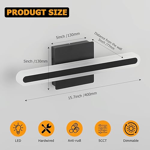 Miniatura 4 de Joosenhouse Moderna lámpara LED para tocador de baño, barra de luz de baño regulable 5CCT, luz de tocador cableada, 15.7 pulgadas, 16 W, luces de