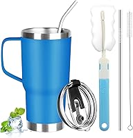 Vista 8 de Vaso de 20 onzas con asa, vaso aislado de acero inoxidable con tapa y pajilla, taza de café aislada al vacío de doble pared, taza térmica de café