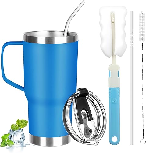 Miniatura 10 de Vaso de 20 onzas con asa, vaso aislado de acero inoxidable con tapa y popote, taza de café de doble pared con aislamiento al vacío, taza térmica