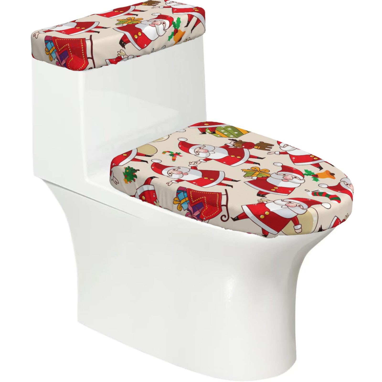 Christmas Cartoon Santa Claus Print 2-Piece Stretch Toilet Cover Set, Elastic Breathable Toilet Seat and Tank Lid Protector