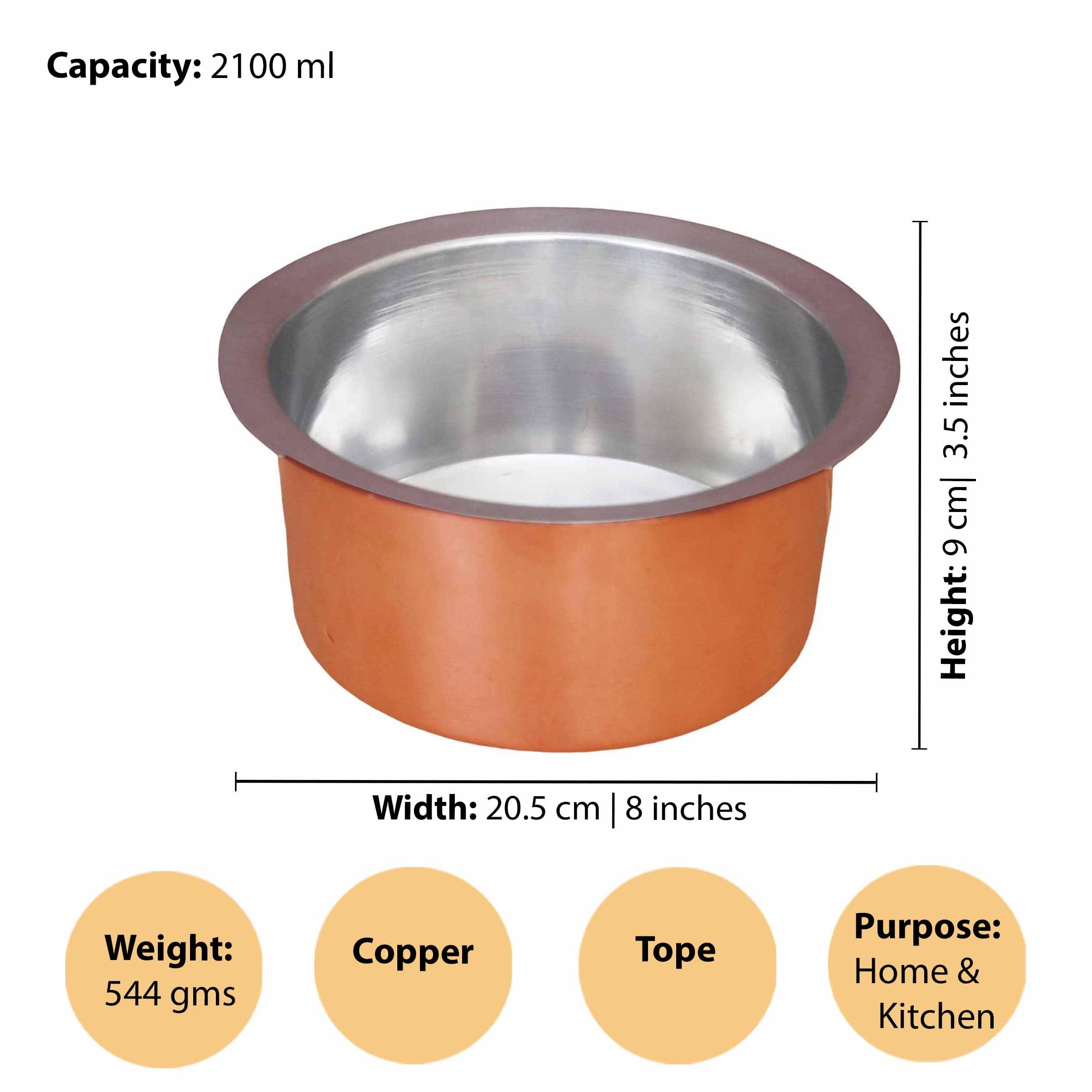 Putrika Utensil Vadi Chatti with TIN coating|Tope|KitchenWare|cookware|Brass Pathiram|Copper Patilas|Tapeli|Peetal|Sarva Satti|Bhagoni (Copper) 2