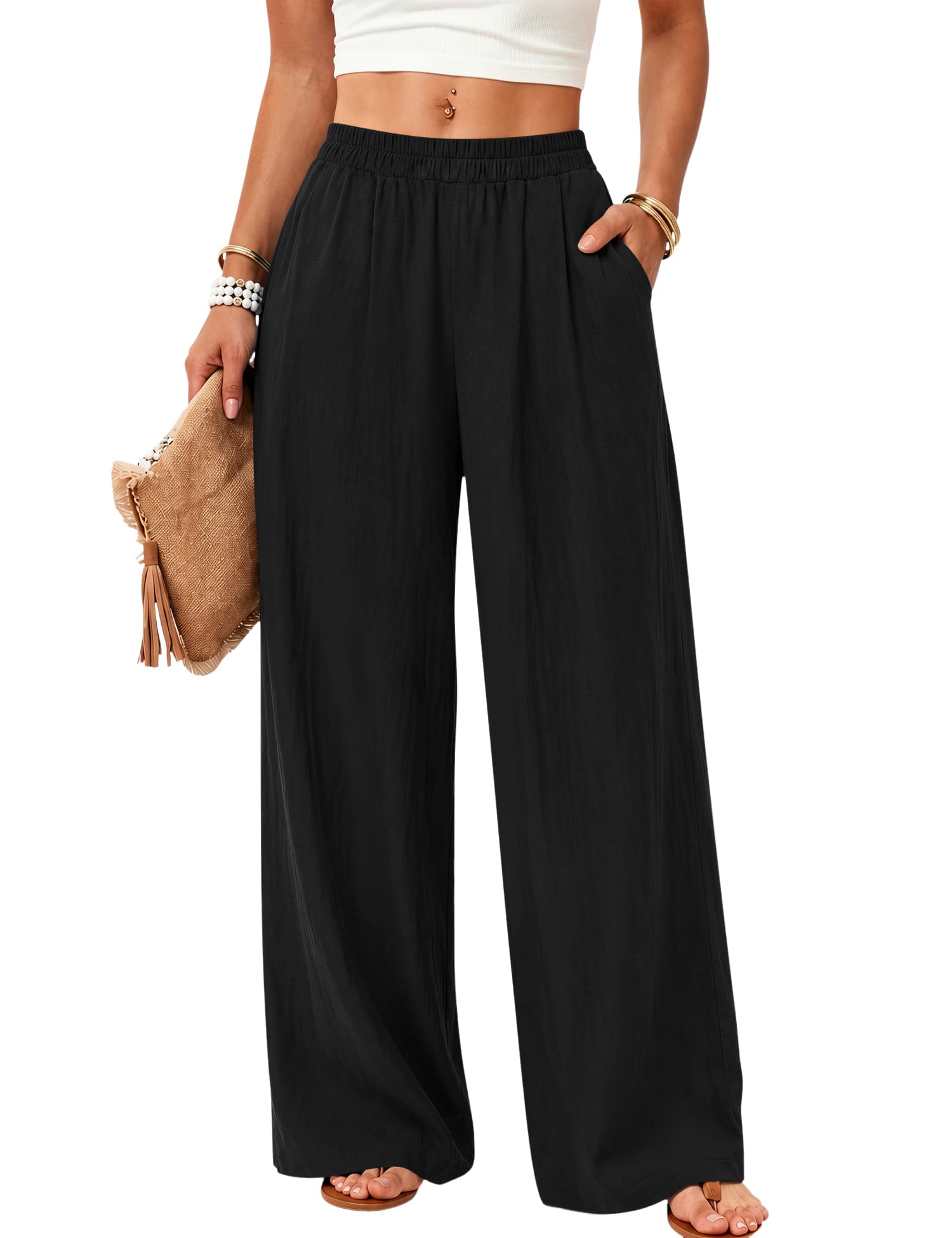 Rapbin Leinenhose Damen Sommer Sommerhose Damen Leicht Stoffhose Damen mit weitem Bein Luftige Strandhose Lässige Freizeithose Elegant Einfarbig mit Taschen