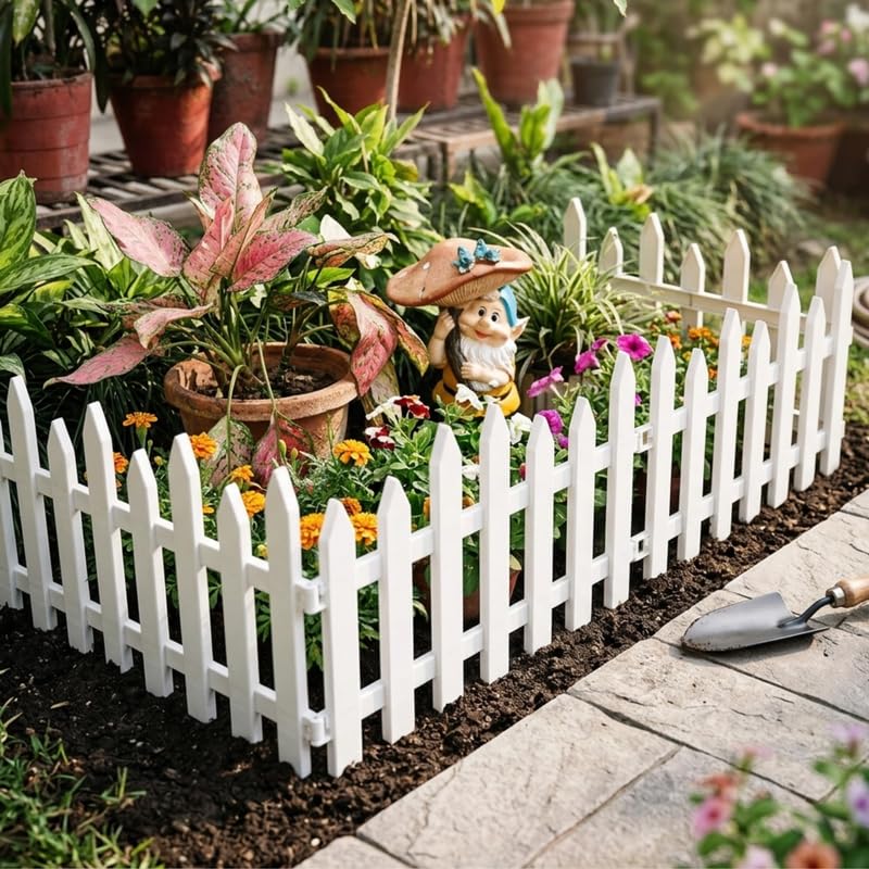 Image of Wonderland White Picket Garden Fence Panels, Plastic, 4 Piece Set, 50.4 cm Length, Decorative Border with Spikes