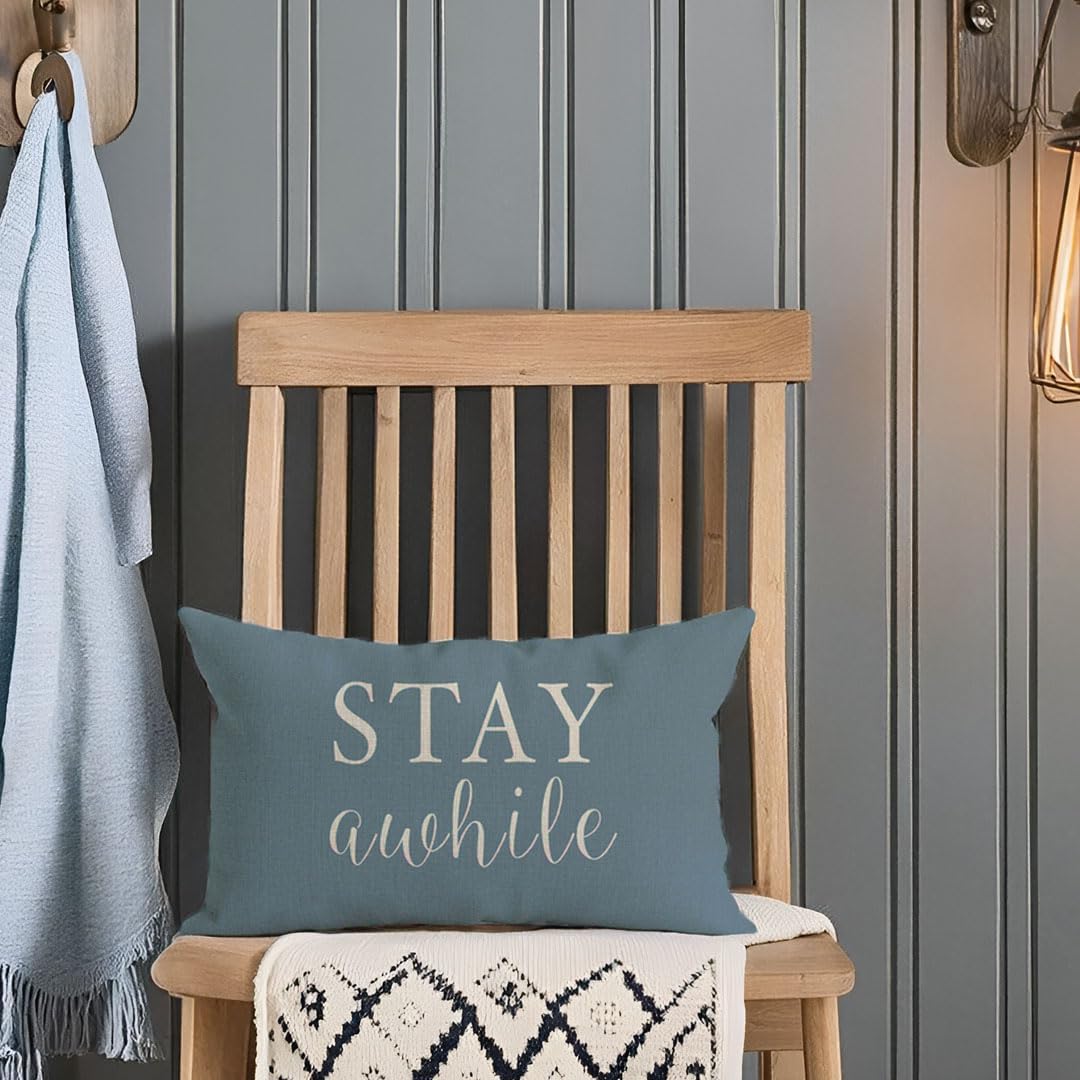 PANDICORN Decorative Throw Pillow Covers 12x20 Inch Set of 2 Stay Awhile Relax & Unwind Dusty Blue Outdoor Nautical Patio Porch Decorations Lumbar Cushion Cases for Home Living Room Sofa Couch Decor - Image 6