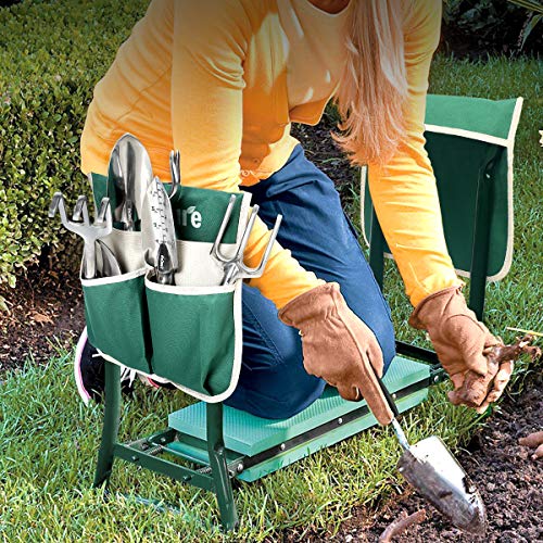 Image of TomCare Upgraded Garden Kneeler Seat Widen Soft Kneeling Pad Garden Stools Garden Bench with 2 Large Tool Pouches Outdoor Foldable Gardening Gifts for Women Men Gardeners, Green