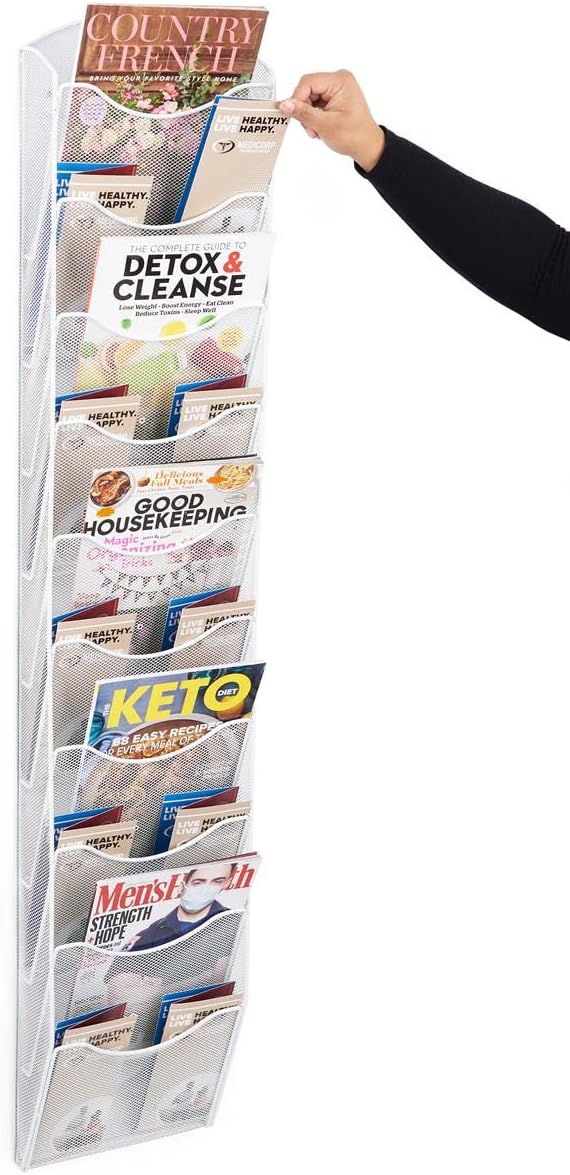 Displays2go Single & Multi-Tiered Metal Mesh Literature Wall Rack, 10-20 Pockets - White (MSHWL10WHT)