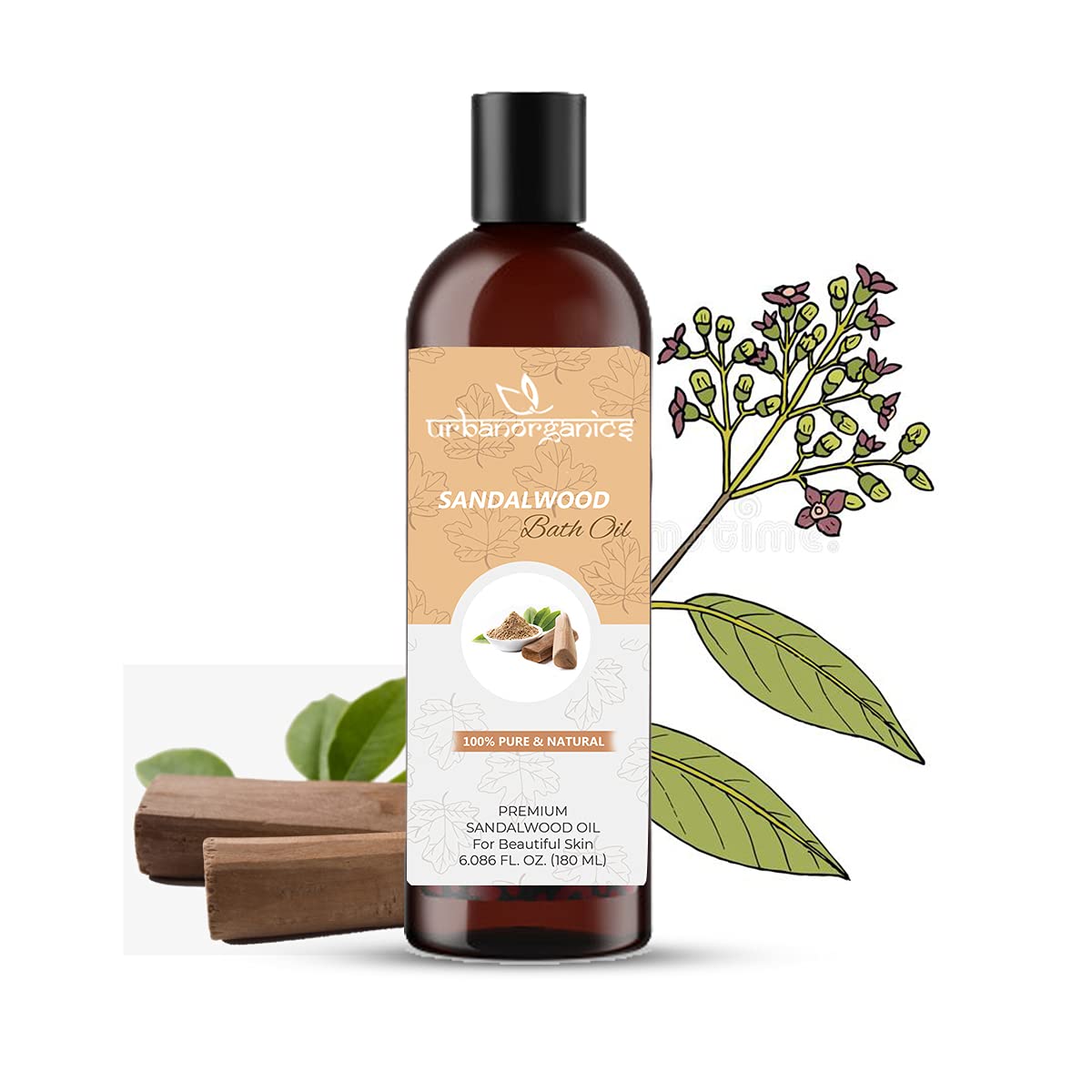 Urbanorganics Sandalwood Bath Oil,100% Pure, Natural & Therapeutic Grade -Bright, Clean, Flawless Skin, Diffusers, Soap Making, Lotion, Home Scents, Linen Spray, Bath Bombs (180 ML) 1PC-image-0