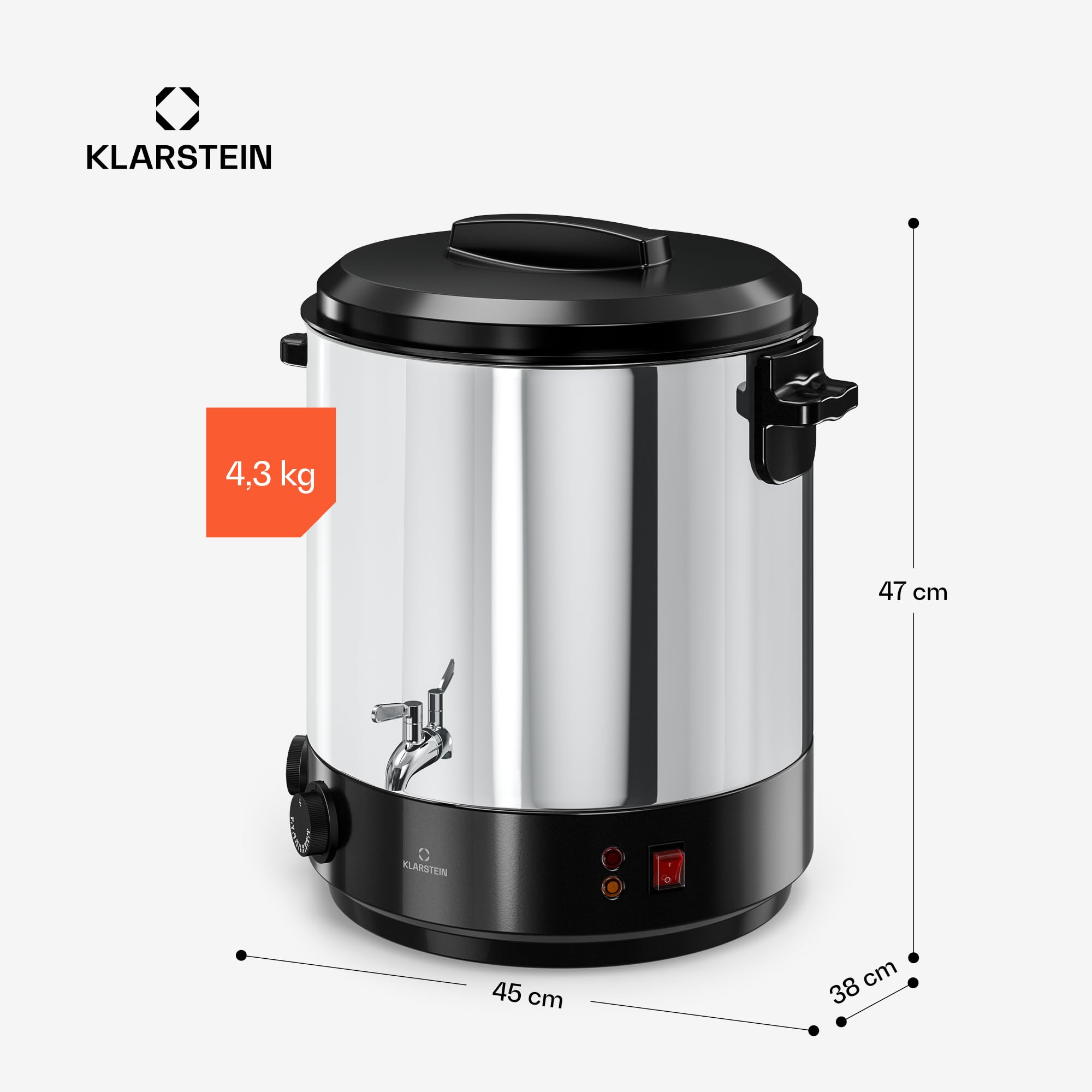 Klarstein Biggie Stérilisateur Mécanique Bocaux 25 L en Inox avec Robinet en Acier Inoxydable, 1800 W, 30–110 °C, Minuterie, Vin Chaud, Arrêt Automatique