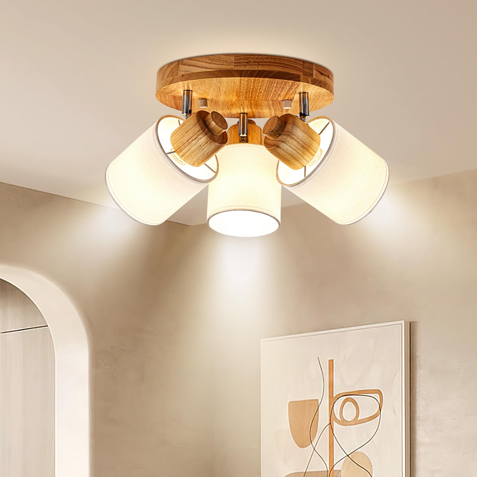 Lámpara de Techo 3 Focos Orientable Redonda, Madera Plafones de Techo E14 Plafón Foco de techo Retro Aplique Pared Interior Giratorios Para Cocina Pasillos Salón Dormitorios, Sin Bombilla