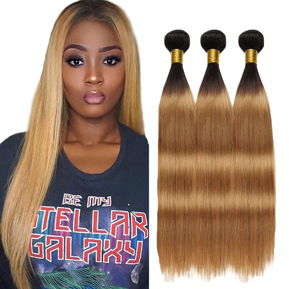 Honey Blonde Bundles Human Hair 1B/27 Bundles Ombre Straight Human Hair Bundles 8 10 12 Inch For Black Women 8A 100g/Pc 100% Unprocessed Brazilian Virgin Remy Human Hair 3 Bundles Extension