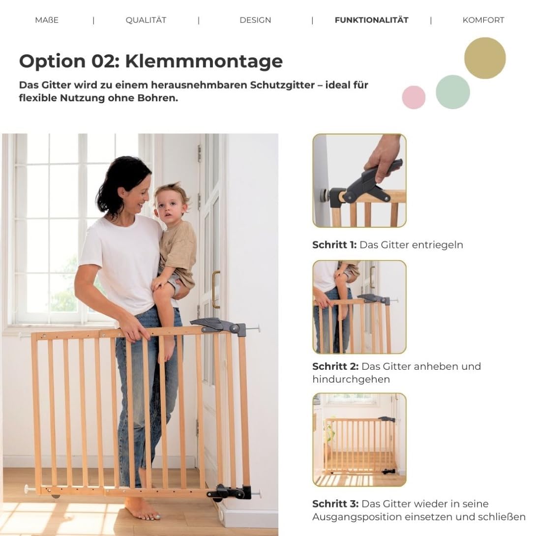 Geuther Treppenschutzgitter ohne Bohren, 68‑102 cm | Flexibles & klemmbares Kinderschutzgitter I Türgitter Baby aus Holz, massiv I Türschutzgitter ohne Bohren mit Sicherheitsverschluss I Farbe Weiß