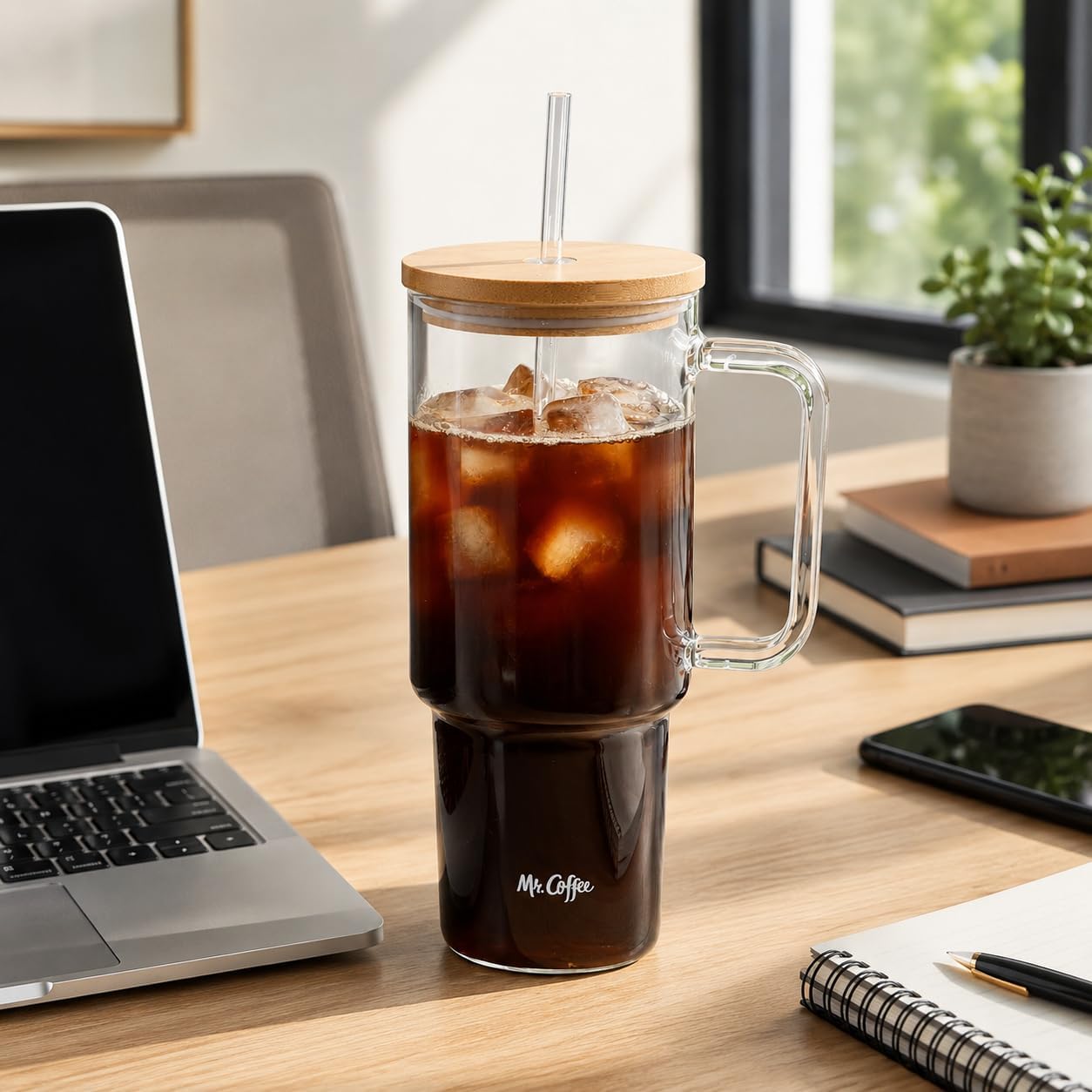 Mr. Coffee Crafted Calm 34 oz Borosilicate Glass Tumbler with Handle, Straw and Bamboo Lid, Iced Coffee Cup, BPA Free, Dishwasher Safe
