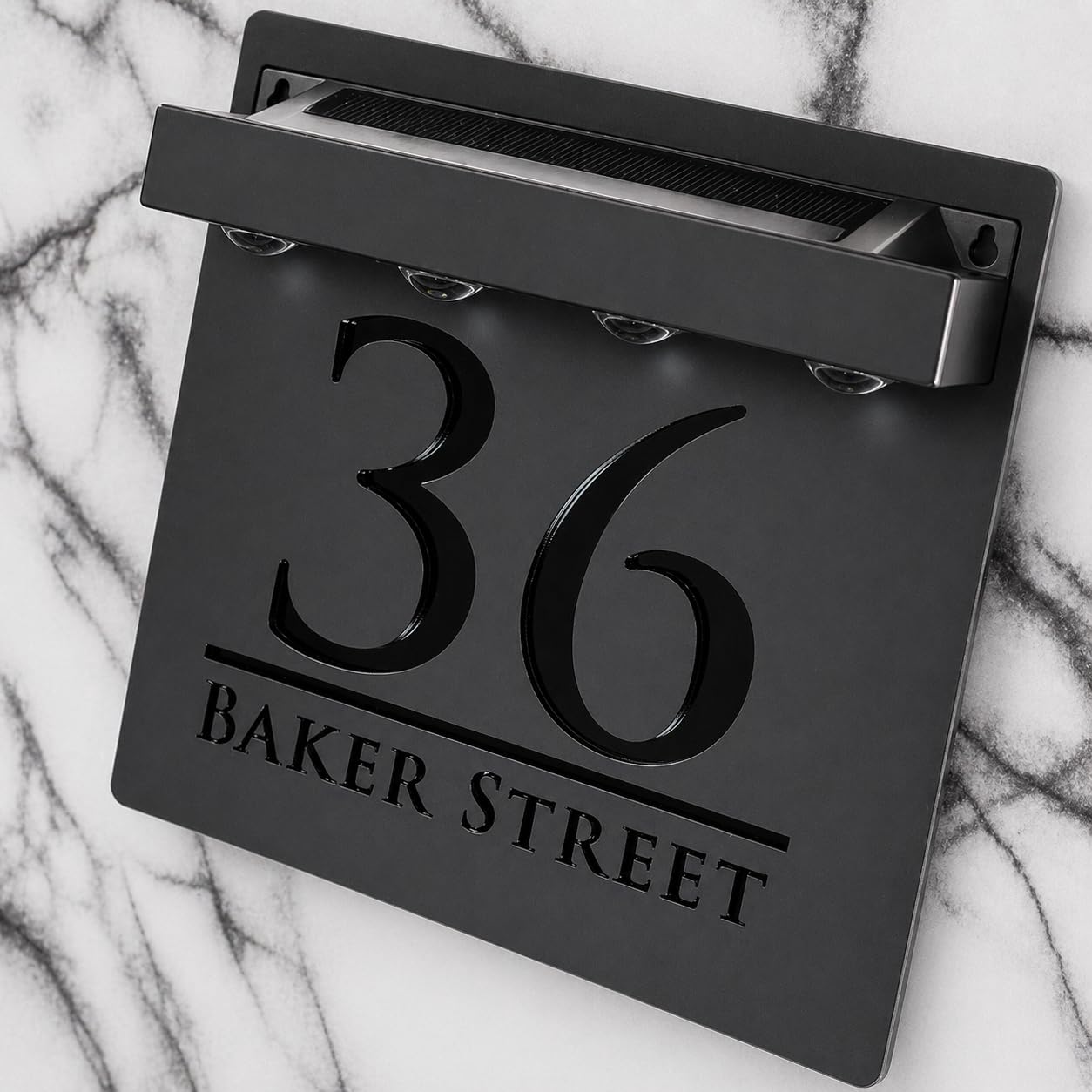 K Smart Sign | Bellissima S1 LED F32 | Square Solar Light House Signs Door Number Plaques With LED Personalised Name Address Sign For Wall With Classic Text (Matt Black & Gloss Black)