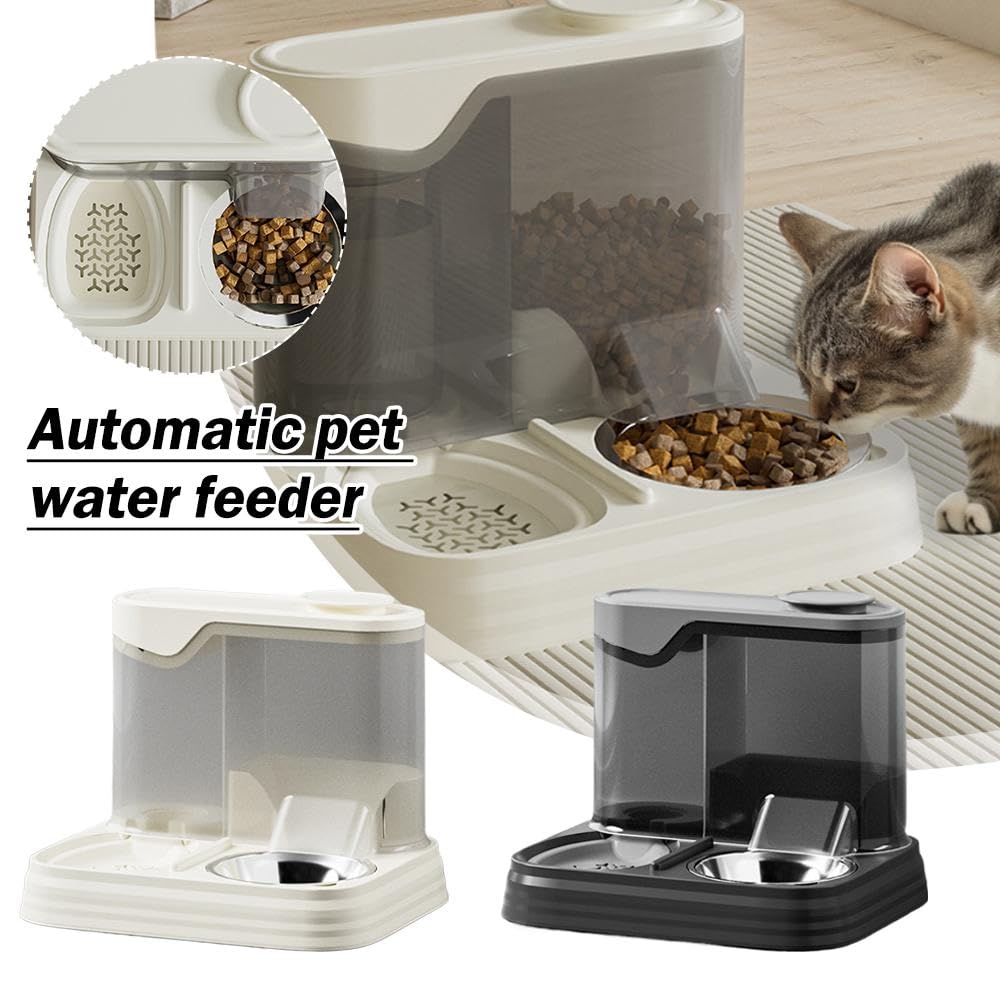 2-in-1 Automatischer Futter- Und Wasserspender Für Katzen & Hunde - Praktische Doppelschüssel In Grau
