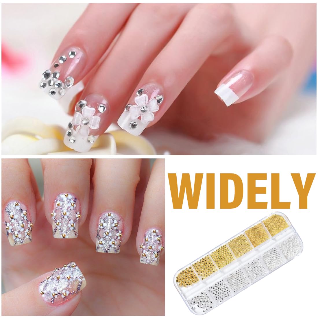 1 pièce Perles à dos plat pour nail art,Lot de 2 boîtes en acier doré et argenté,Pour ongles en gel,caviar,vêtements,bricolage,3D petite perle design deco ongle
