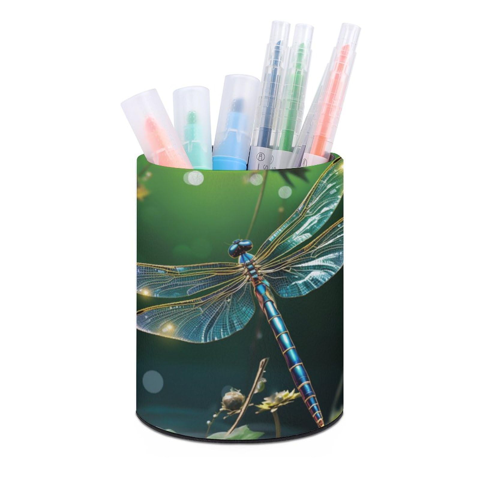 JTREHY Round Pen Holder,Dragonfly Green Printed Makeup Brush Storage Box Desktop Stationery Storage Cup Office Accessories Storage Box Pencil Storage Box for Home Office Dressing Table