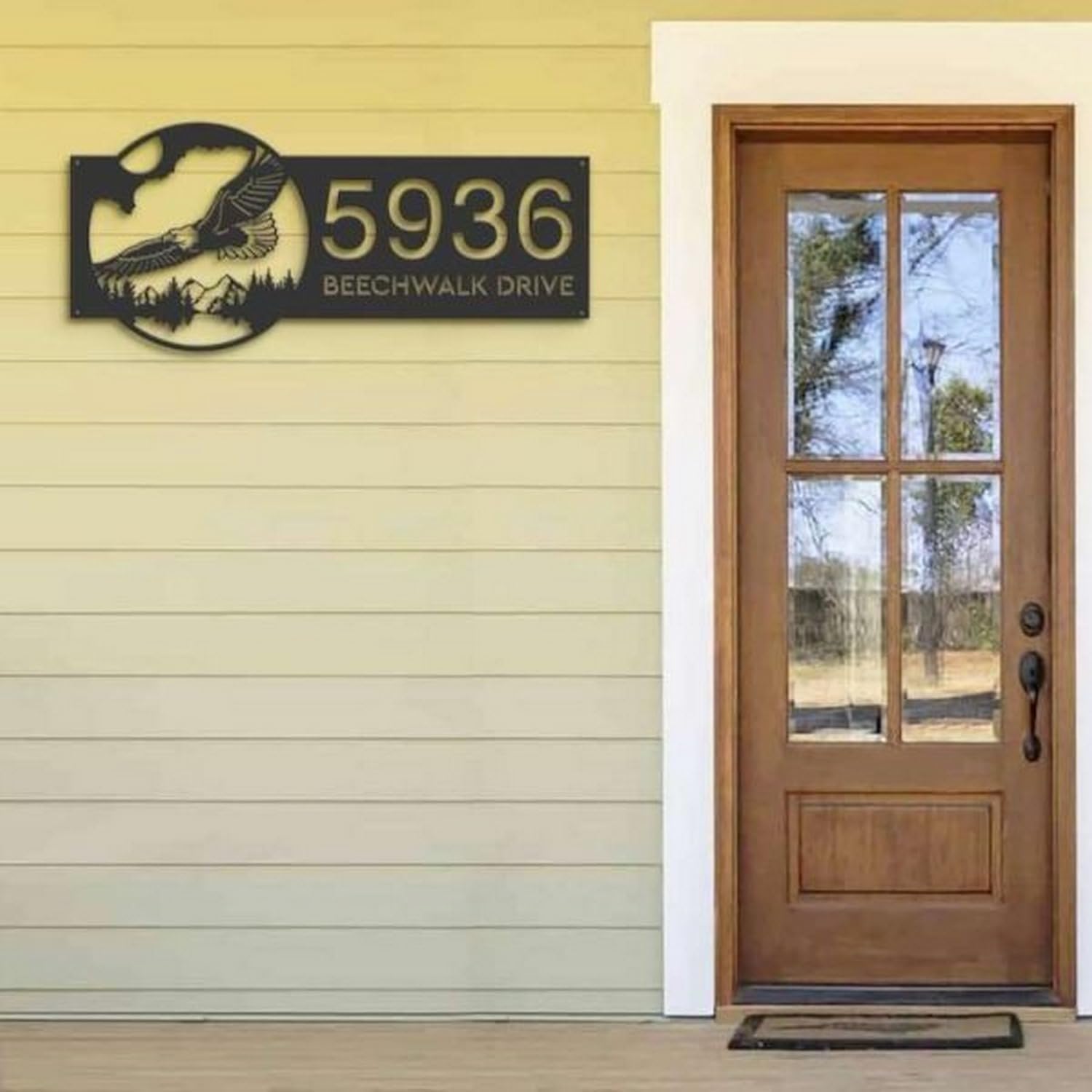 Personalized Eagle Flying Mountain Forest Scene Address Sign House Number Plaque Custom Metal Sign 8-36 inches Black Power Coated Home Outdoor Decor Housewarming Gifts with LED Light
