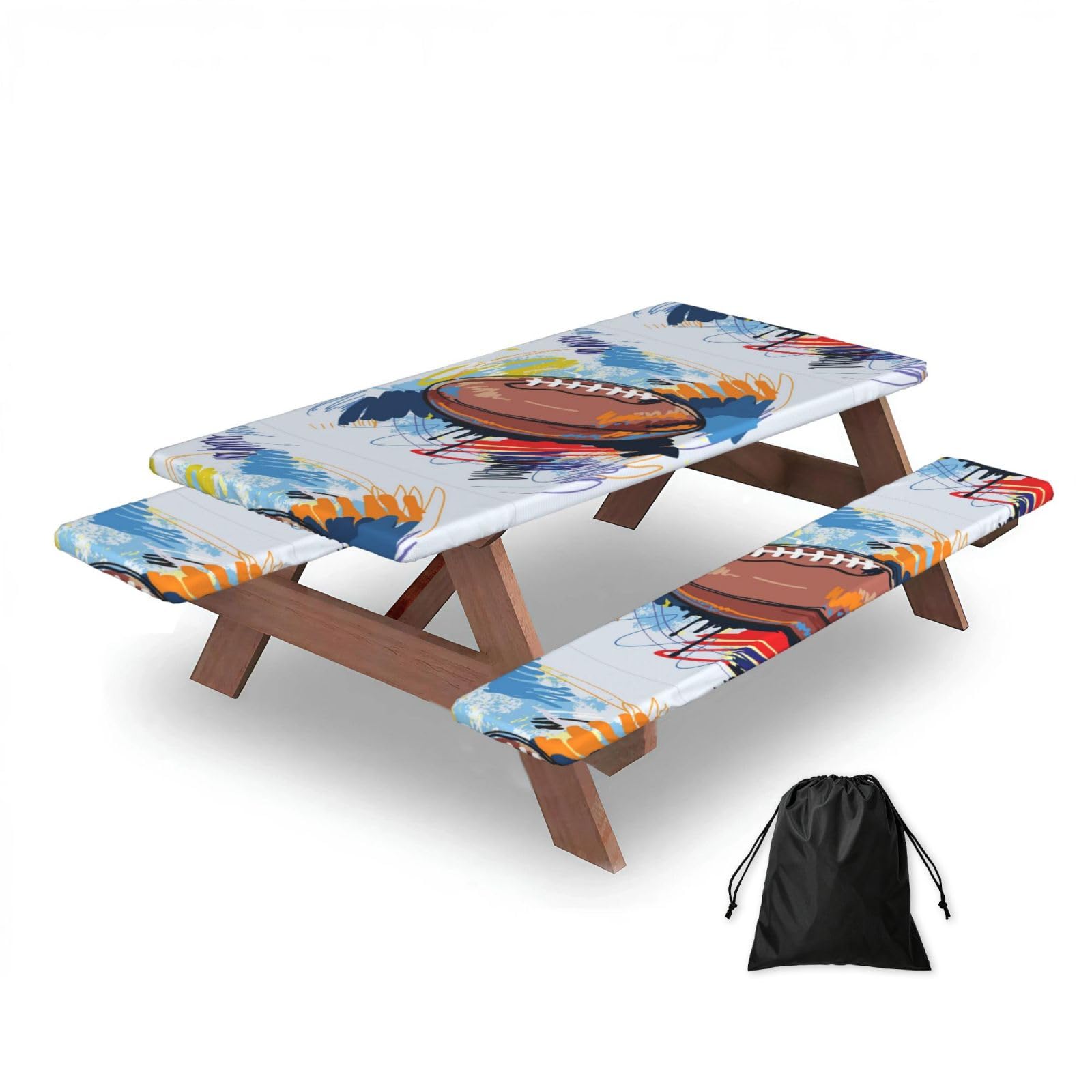 Dopklna As Picture Rugby Ball Sketch With Colorful Doodles, Picnic Table Cover With Bench Covers -Waterproof Elastic Fitted Tablecloth For Garden Camping Patio 76X152cm