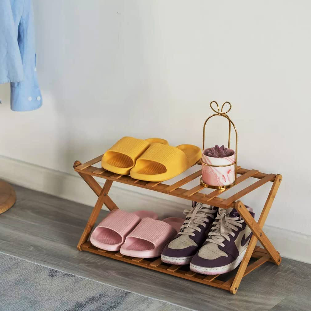 Bambus Schuhregal Klein, 2 Ebenen Faltbares Schuhregal Holz, Ohne Installation Mini Schuhregal Perfekt für Flur, Schlafzimmer und kleine Räume, Lager 80bl (Holz, 2 Ebenen)