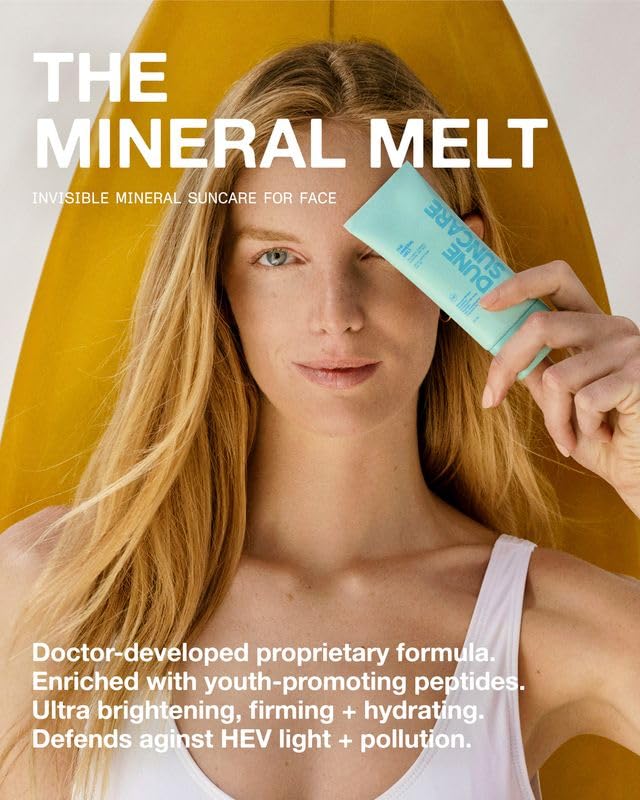 DUNE SUNCARE The Mineral Melt SPF 40 – Sheer Mineral Face Sunscreen, Broad Spectrum UVA/UVB, No White Cast, Fragrance-Free, Hydrating Anti-Aging Sunblock with Peptides & Vitamin E, 1.7 Fl Oz