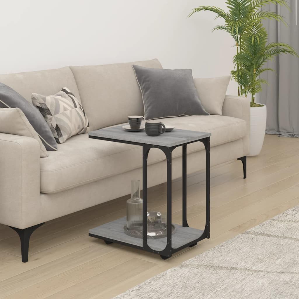 Mesa auxiliar con ruedas en forma de C, mesa de centro móvil con estante para salón y dormitorio, mesa de sofá estable de madera y acero, gris Sonoma, 50 x 35 x 55,5 cm
