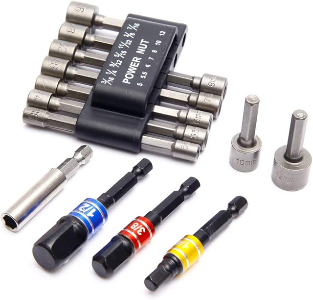 SurePromise 14PCS Power Nut Driver Drill Bit 3PCS Socket Adapters 1/4 inch Hex Shank Impact Driver Bit Set 1PCS Magnetic Extension Bit Holder