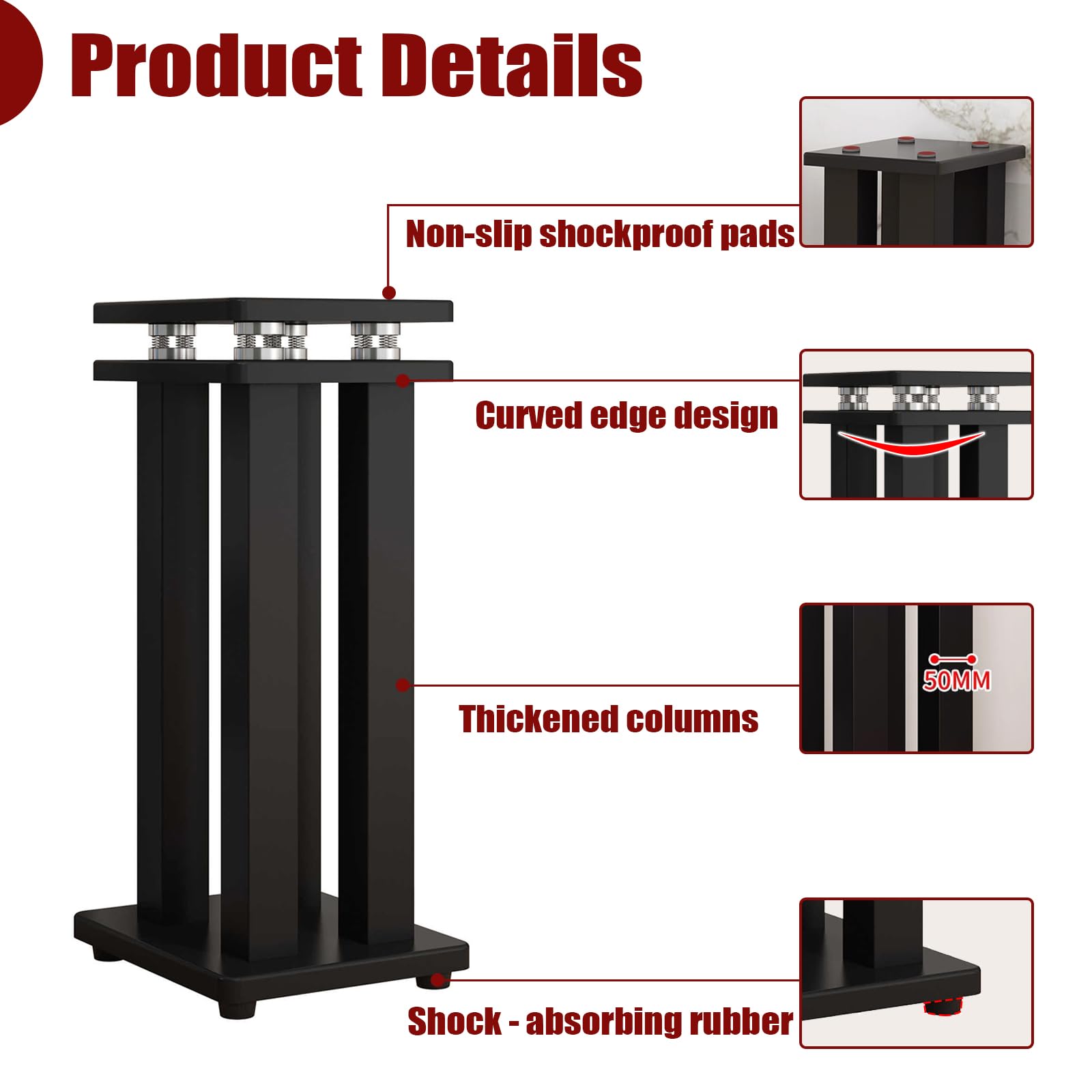 Universal-Lautsprecherständer, strapazierfähig, Bodenständer für Surround-Sound, Schallständer mit vibrationsabsorbierendem MDF-Design, hält 50 kg Audio-Ständer für Heimkino-Studio (Schwarz, 53 cm)