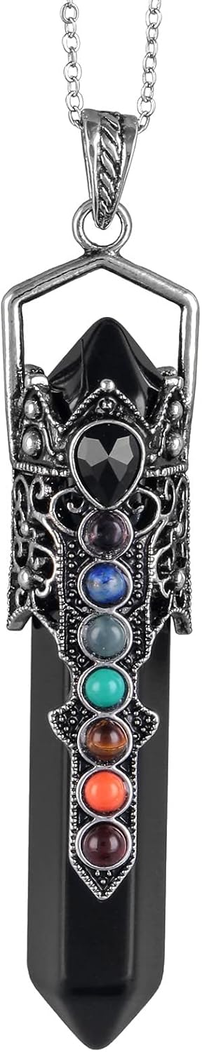 TUMBEELLUWA 7 Chakra Hexagonal Crystal Wand Pendant for Unisex, Wrapped Double Crystal Points Necklace with Chain