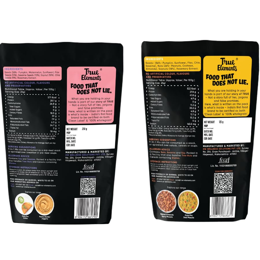 Image of True Elements Super Seeds Combo Pack, 9-in-1 Snack Mix 125g and 7-in-1 Mix 250g, High Protein Ready-to-Eat Seeds and Nuts, Vegetarian