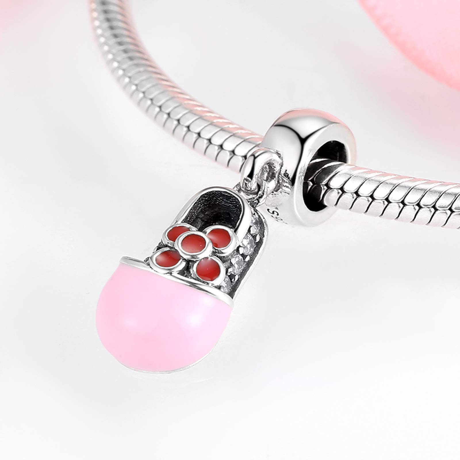 LYGBAOFUL 925 Sterling Silber Anhänger Perlen Mädchen Schuhe Rote Blumen Perlen Passend für Charm-Armbänder Feine Schmuckherstellung