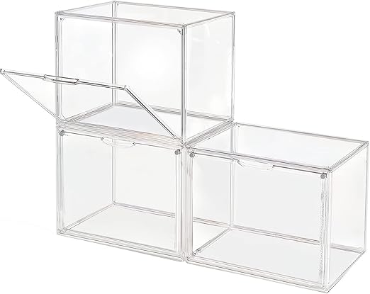 Clear Stackable Plastic Storage Bins with Magnetic Lid, Dustproof Book & Cosmetic Display Cases, Large Figures Collectibles Showcase, Shoe Box, Protection Organizer (Transparent, L-3 Pack)