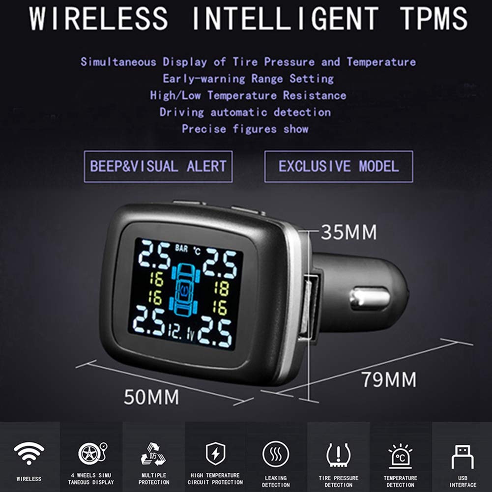 Car TPMS Kit, Universal Car Intelligent TPMS Cigarette Lighter Tire Pressure Monitoring System with 4 Internal Sensors