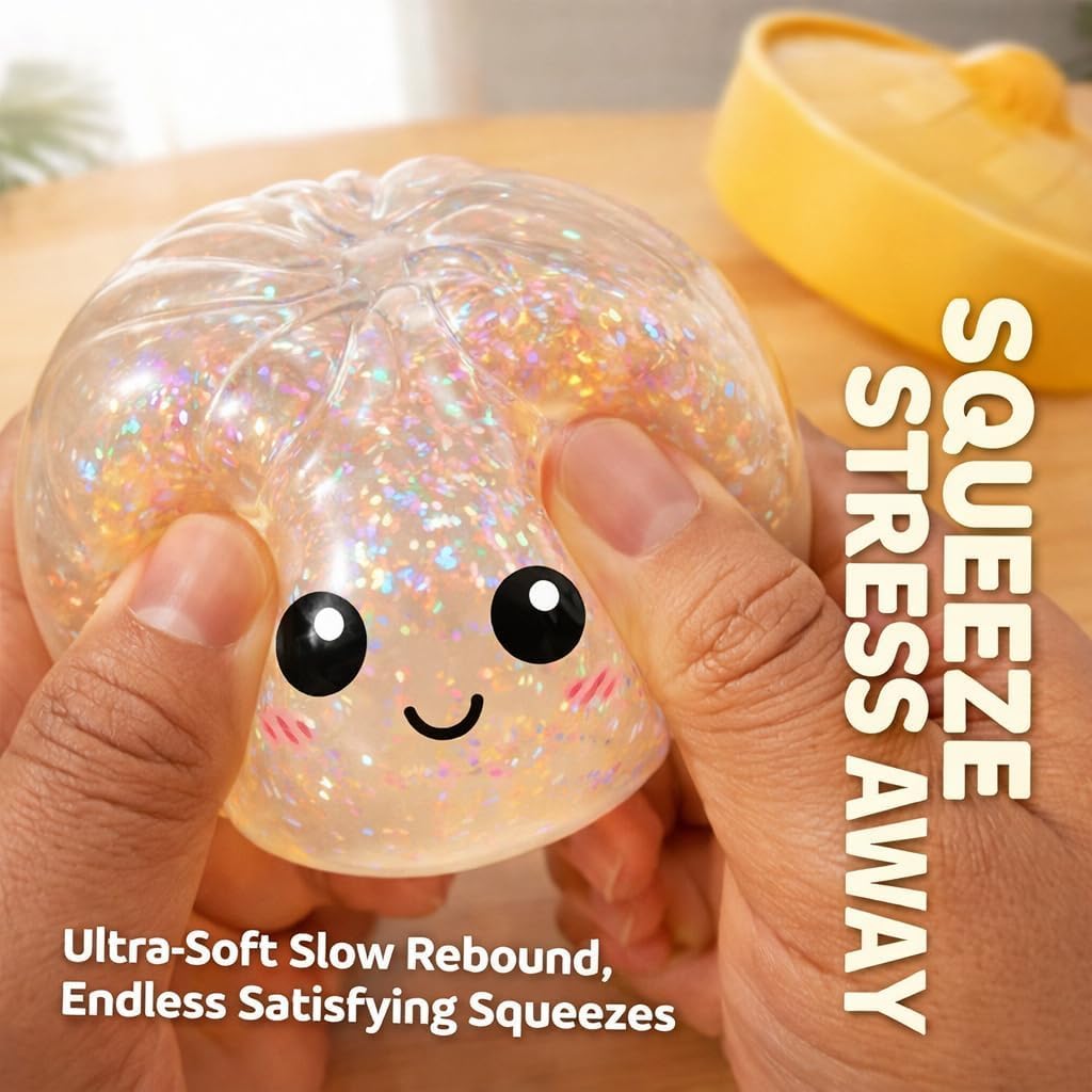 Glitter Dumpling Squishy, 2026 New Bun Squeeze Stress Relief Ball with Steamer Box for Stress Relief, More Surprises (White) — view 6