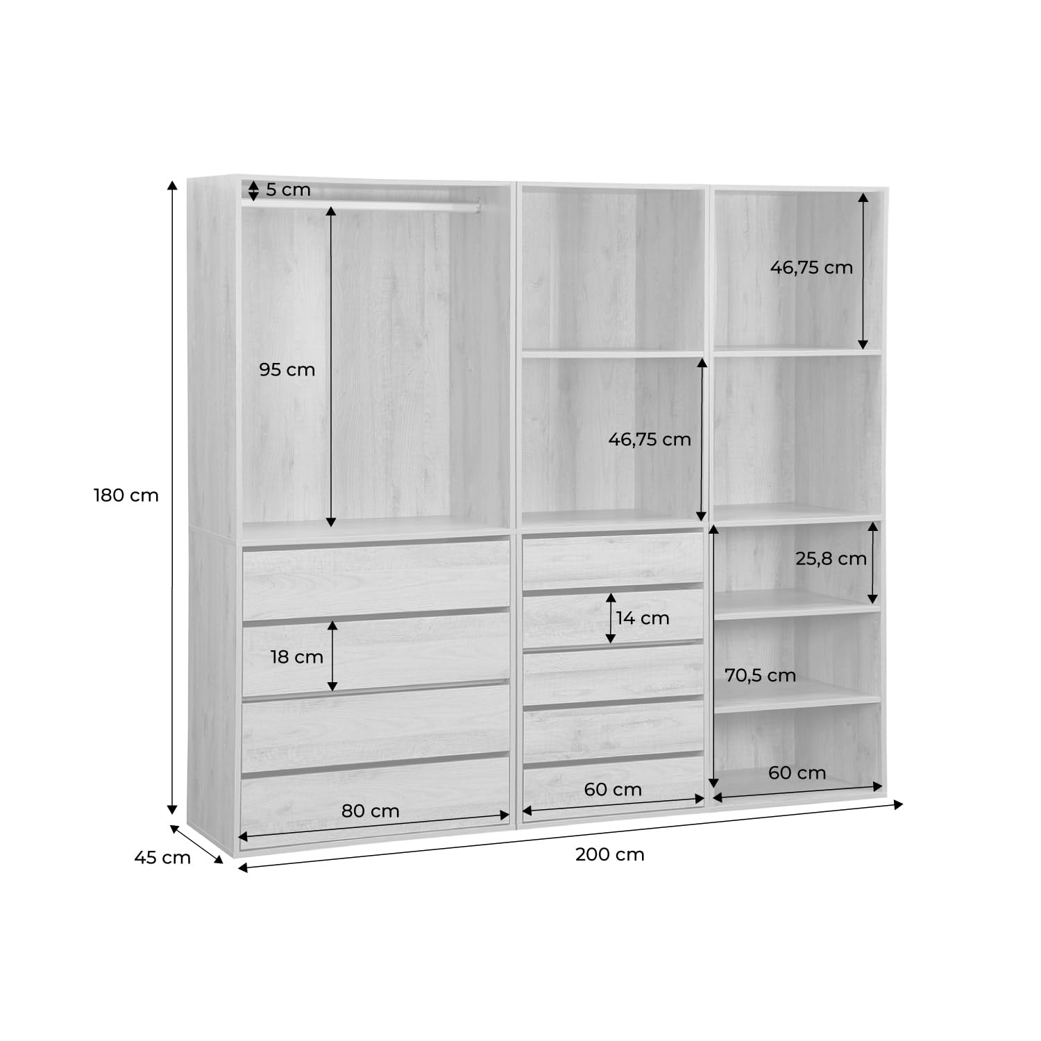 sweeek - Kit Dressing modulable 3 éléments MODULO. Naturel. 200 x 45 x 180 cm